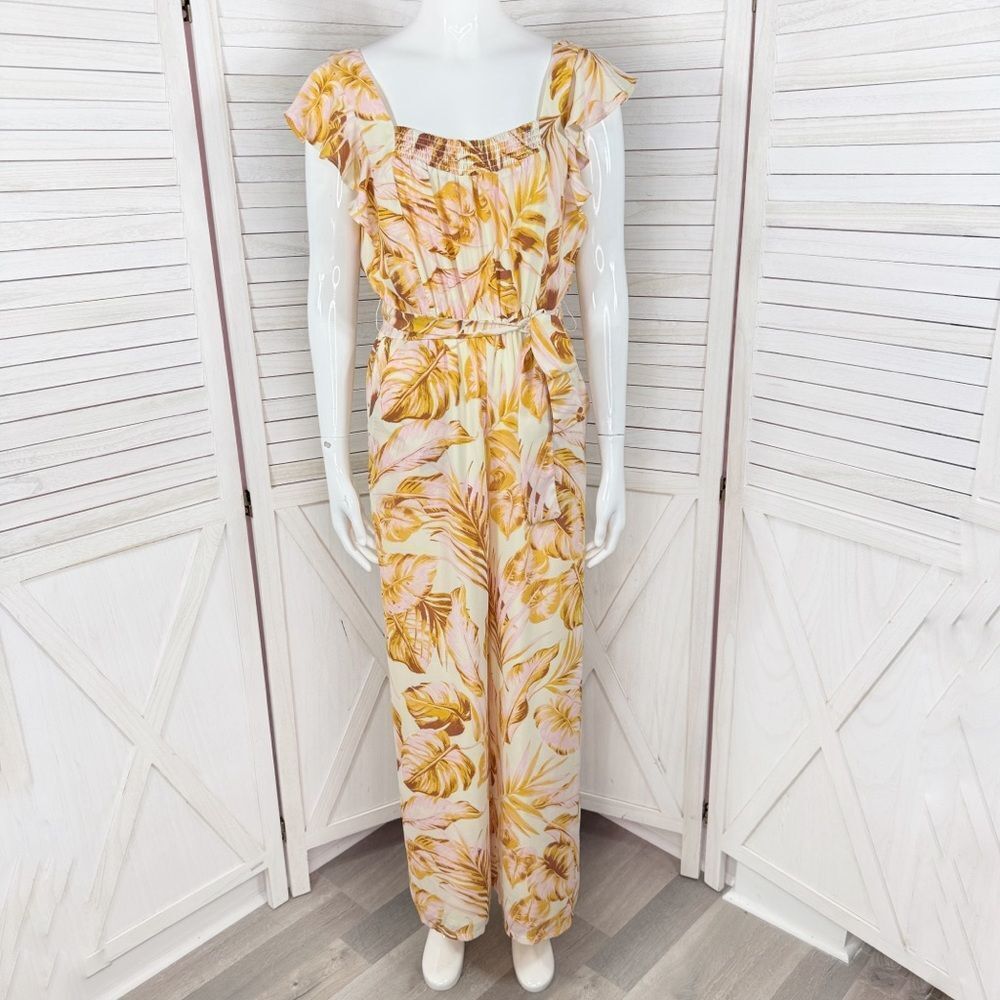 June & Hudson Tropical Print Belted Wide Leg‎ Jumpsuit Pink Yellow Medium
